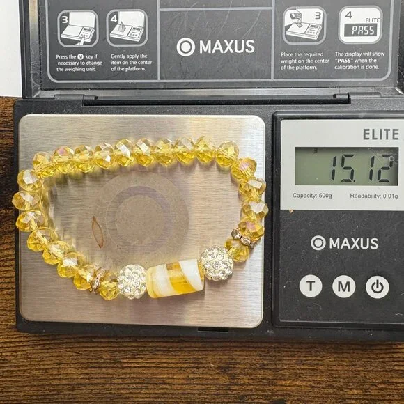 Gemstone Yellow Glass Bead White Crystal Rondel Stretch Bracelet Fashion One SZ - Picture 8 of 10